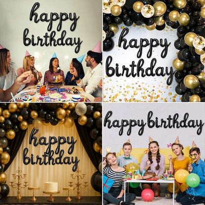 Gold Happy Birthday Balloons Banner | Script/Cursive Gold Letter Balloon Sign for Birthday Party Decor/Decoration | Foil Mylar Happy Birthday Banner