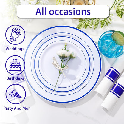WELLIFE 350-Piece Gold Disposable Plates and Cutlery Set - Premium 10.25" Dinner Plates, 7.5" Dessert Plates, 9oz Cups & Cutlery for Weddings, Catering Events - 50 Guest Service - Elegant & Sturdy