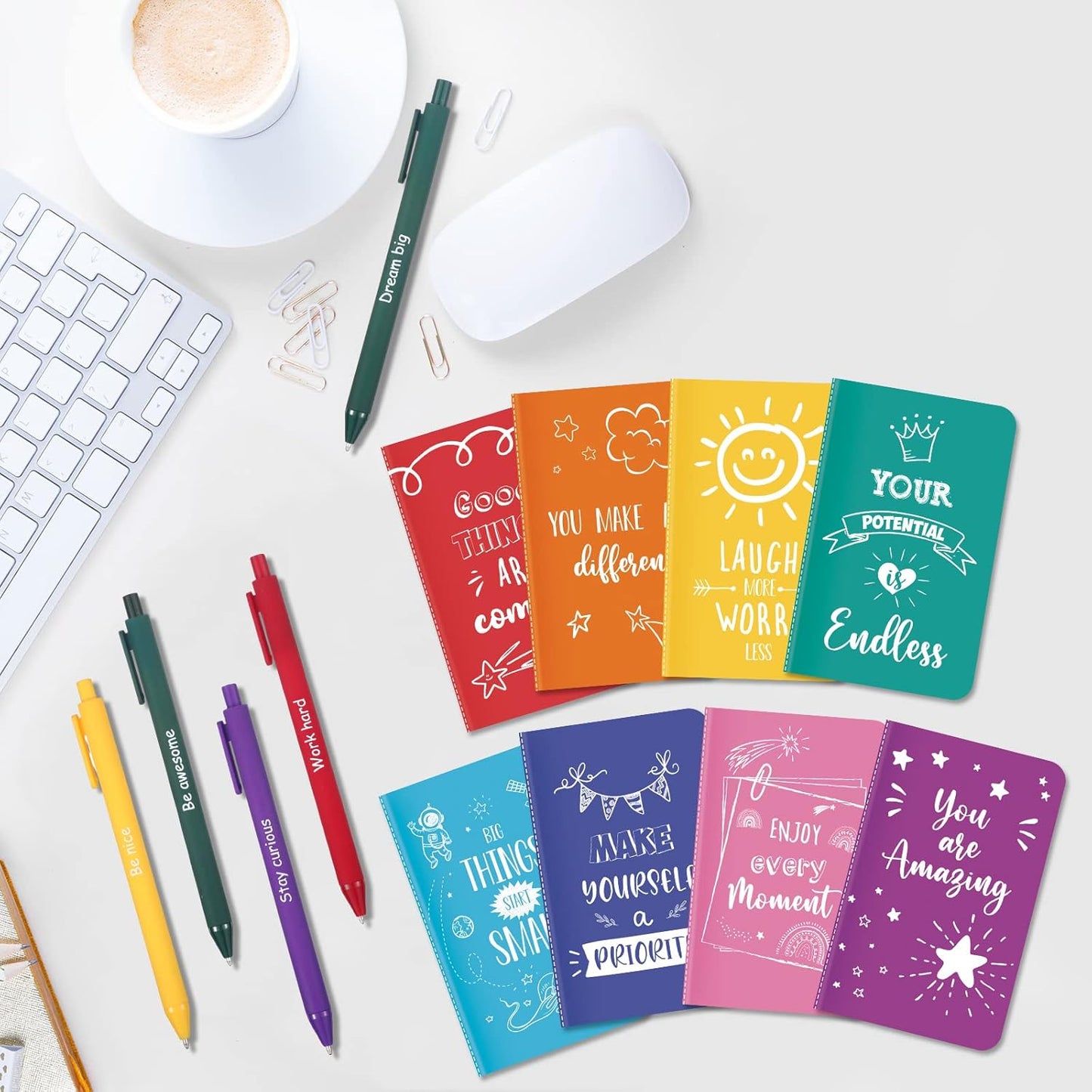Funrous 32 Pcs Motivational Quote Pens Inspirational Notepads Mini Journal with Ballpoint Pen Small Notebooks Gift for Men Women Coworker Adult Party Favors Prize Teacher Student Office(Stylish)