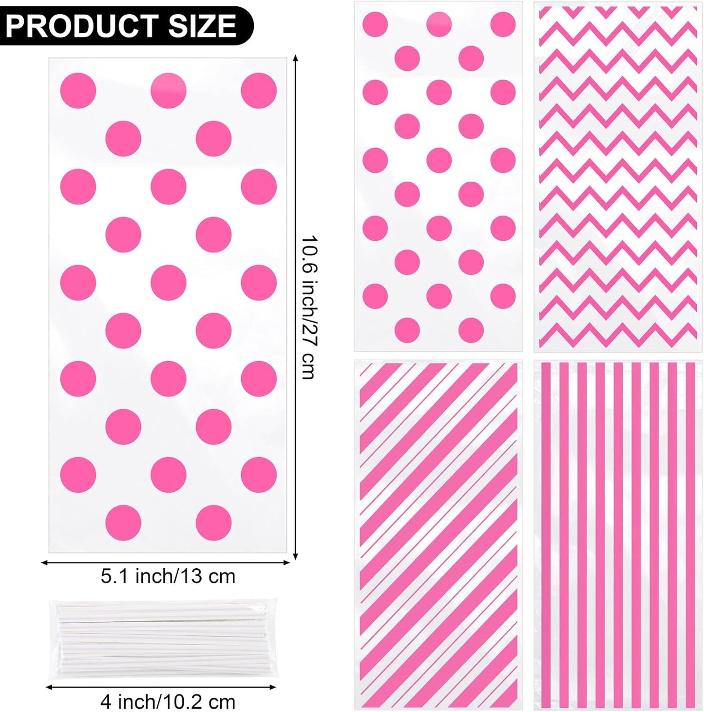 Aodaer 100 Pieces 10.6 x 5.1 In White Cellophane Bags Plastic Candy Gift Bag Cellophane Treat Bags with Twist Ties Stripes Polka Dot Printed Pattern Goodie Bag for Birthday Weddings Party Favors