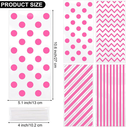 Aodaer 100 Pieces 10.6 x 5.1 In White Cellophane Bags Plastic Candy Gift Bag Cellophane Treat Bags with Twist Ties Stripes Polka Dot Printed Pattern Goodie Bag for Birthday Weddings Party Favors