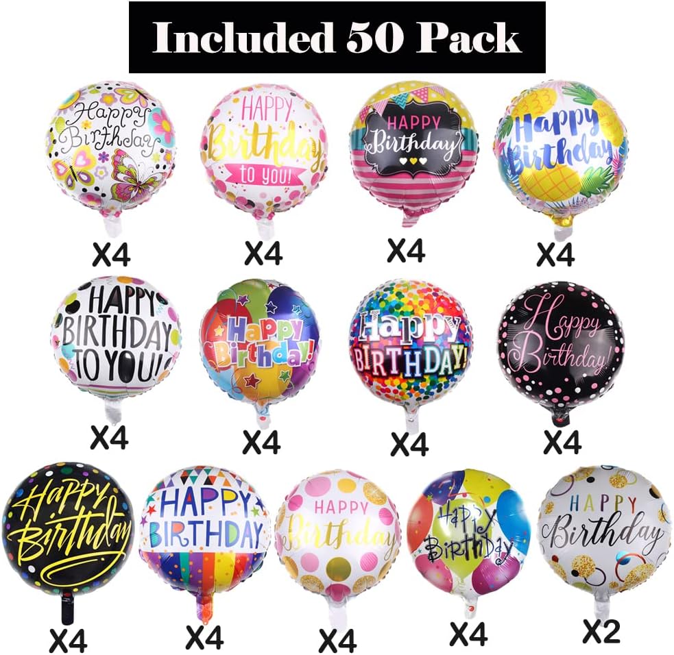 50 Pieces Happy Birthday Party Aluminum Foil Balloons 18" Foil Mylar Helium Balloon Round Inflatable Balloons for Birthday Parties Baby Shower Decorations Supplies