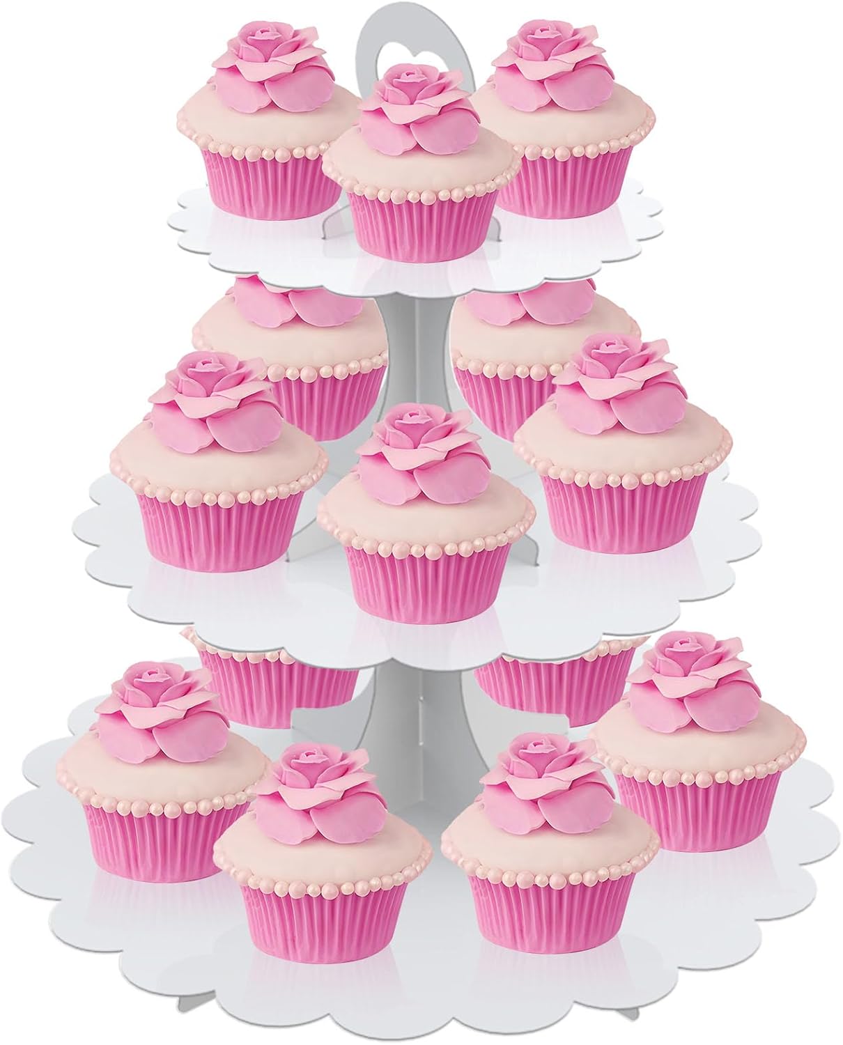 White Cupcake Stand Tower, 3-Tier Cardboard Dessert Display with Heart Handle,Perfect for Birthday Baby Shower Wedding Tea Party Graduation, Easy 60-Second Assembly, Holds 12+Cupcakes (1-Pack)