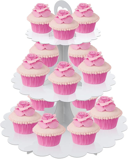 White Cupcake Stand Tower, 3-Tier Cardboard Dessert Display with Heart Handle,Perfect for Birthday Baby Shower Wedding Tea Party Graduation, Easy 60-Second Assembly, Holds 12+Cupcakes (1-Pack)