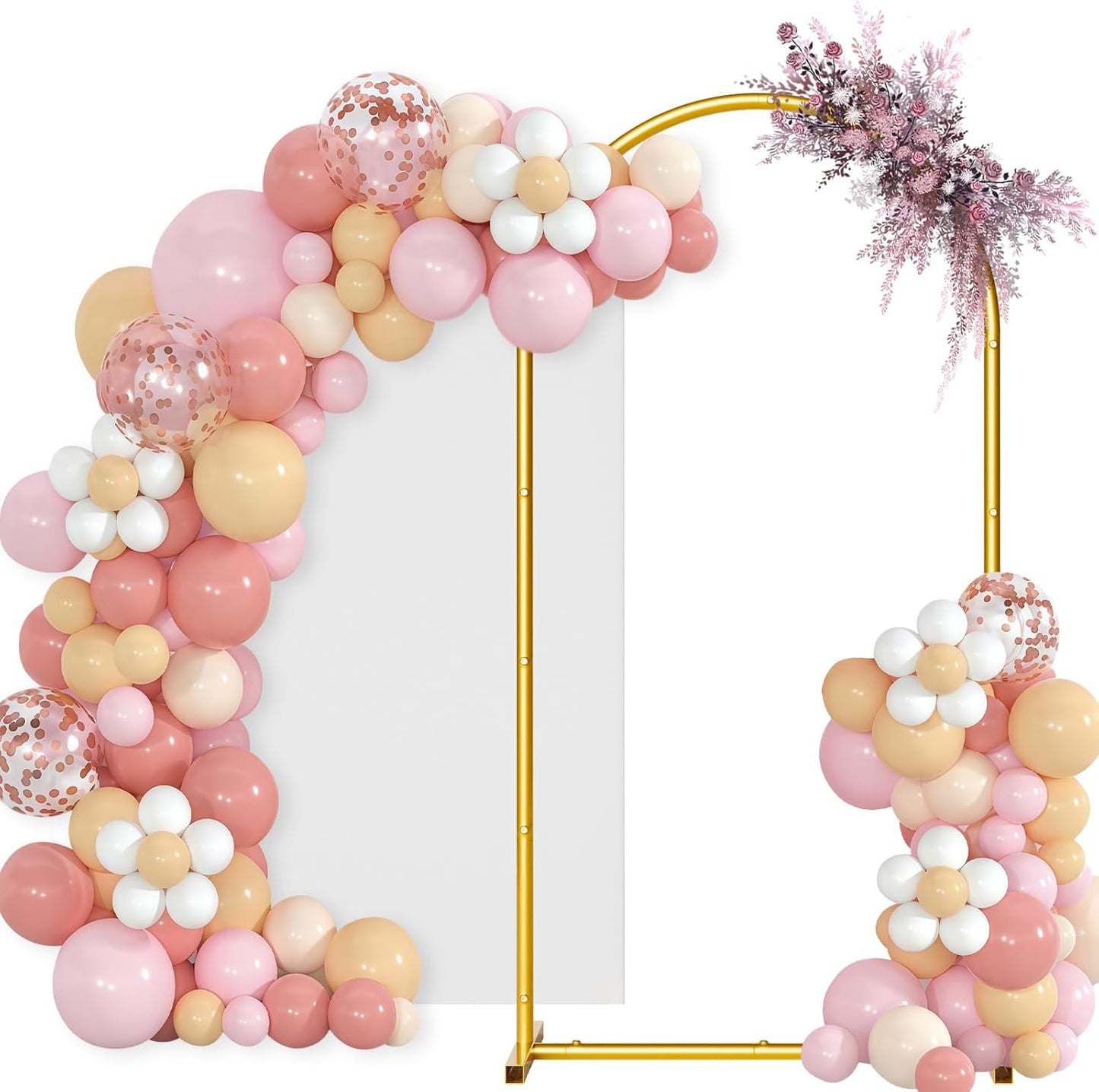 Arch Backdrop Stand and Cover Set, 7.2 x 4FT Gold Metal Wedding Arch for Ceremony, Heavy Duty Balloon Arch Stand with White Spandex Cover for Birthday Party, Baby Shower, Graduation, Event Decor