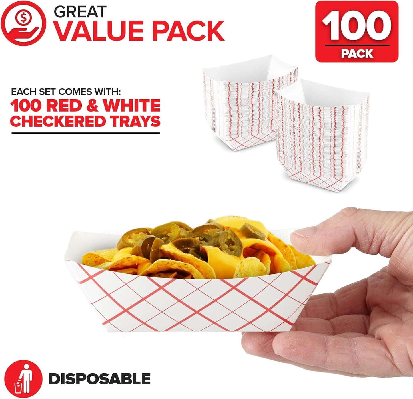 Stock Your Home 100-Pack 3 lb Paper Food Trays – Red & White Checkered Disposable Paper Food Boats, Eco-Friendly Serving Trays for Concessions, Nachos, Snacks & Condiments – 5.75" x 3"