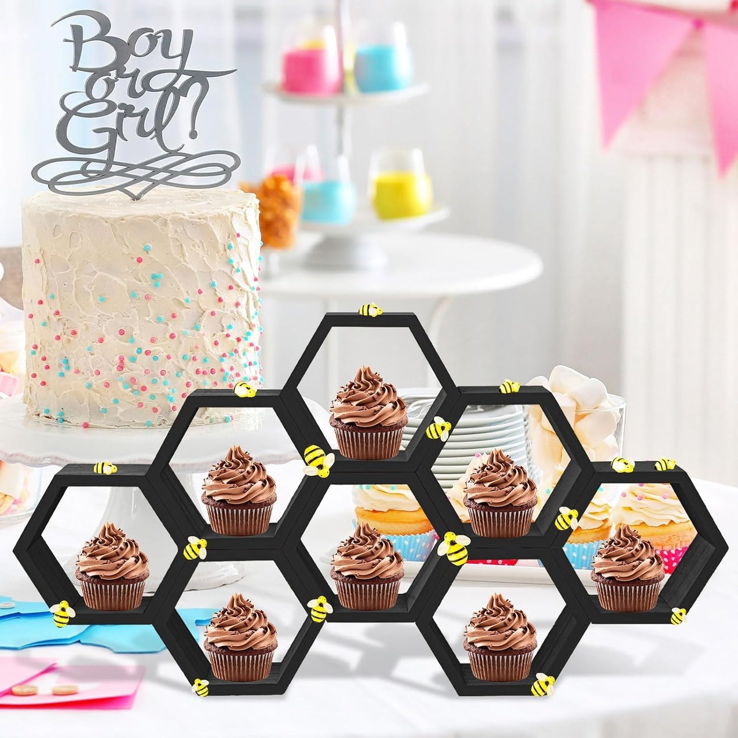 8 Pcs 4.13 Inch Honeycomb Cupcake Stand Cake Farmhouse Hexagon Display Holder Hexagonal Wood Cupcake Stand Floating Table Sign with Wooden Bee for Wedding Baby Shower Birthday Party Table Decorations