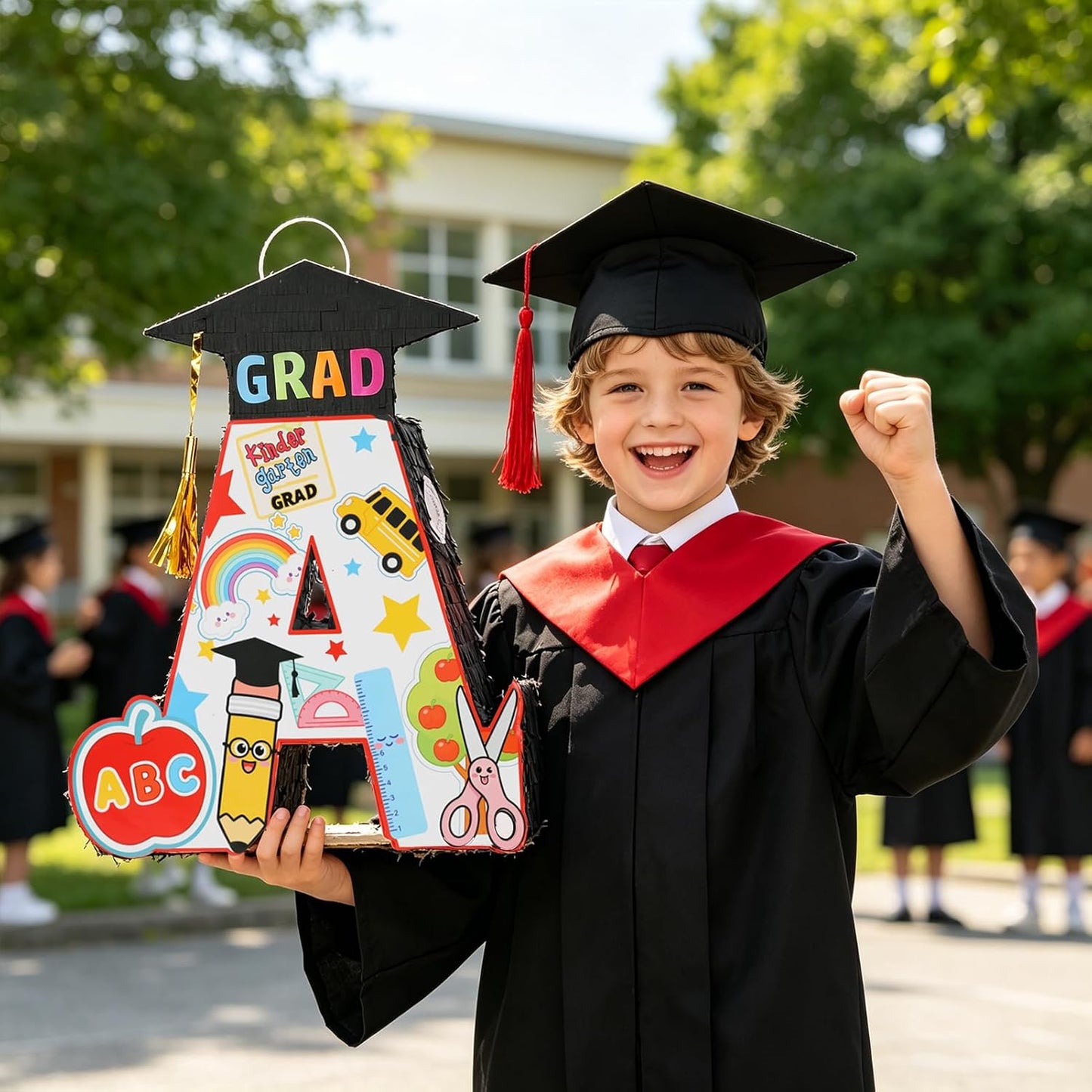 2026 Graduation Piñata with Stick,Blindfold,Confetti - 15.8 Inch Congrats Grad Cap Piñata Yellow End of Year Piñata Party Decoration for Kindergarten School Elementary College Games (Style 2)
