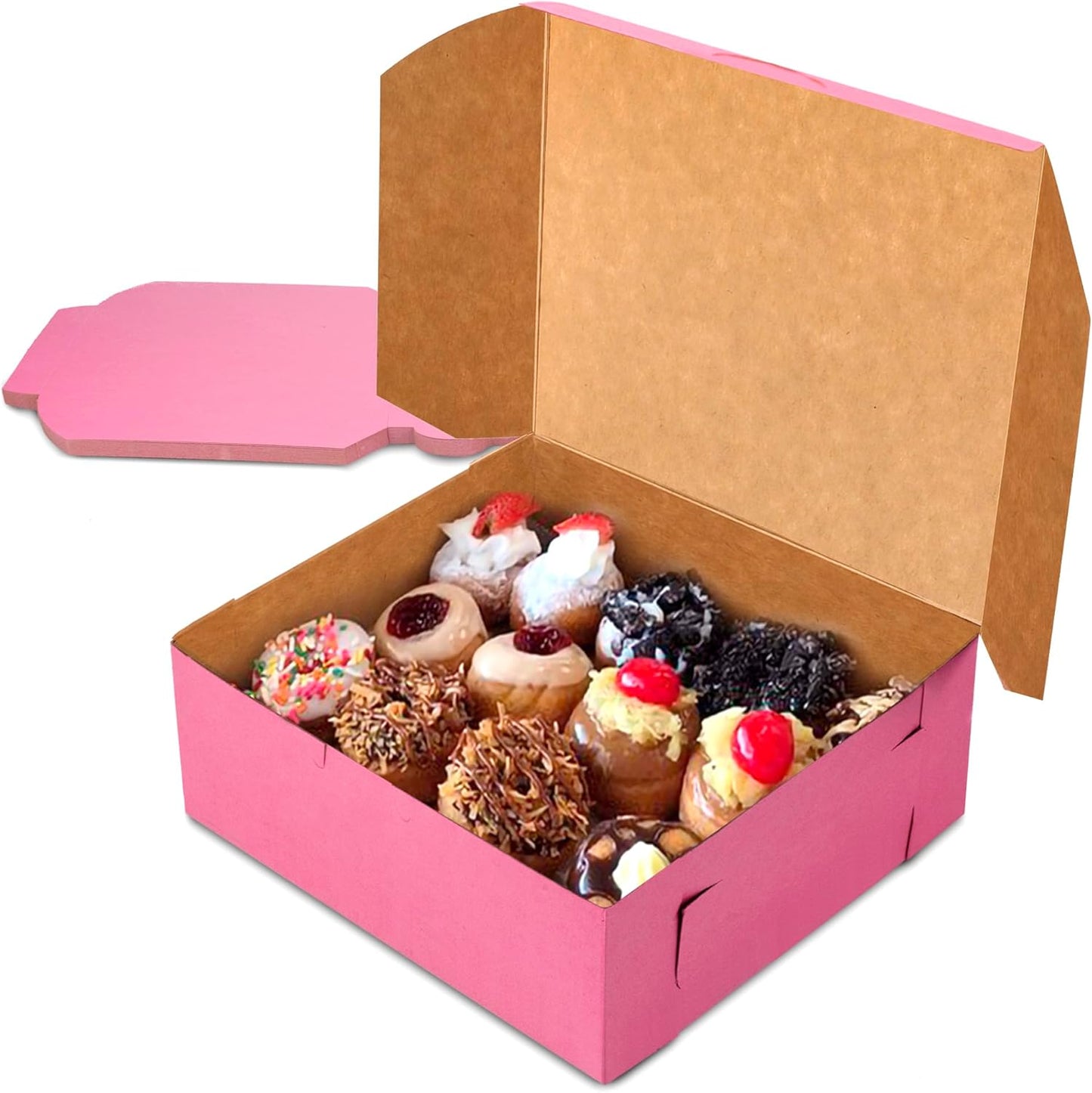 Fit Meal Prep [25 Pack] Pink Bakery Boxes 8x8x4 Pastry Box for Cupcakes, Desserts, Cookies, Candies Ideal Packaging for Bakeries and Home-made Baked Goods, Favors, and Gifts
