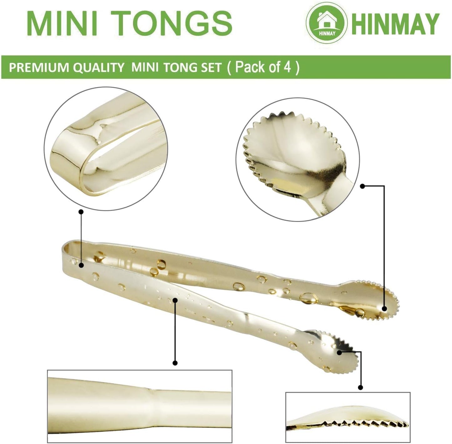 5.75" Mini Appetizer Tongs Set, Tiny Stainless Steel Small Tongs for Serving, Tea Party, Coffee Bar, Desserts, Set of 4 (Gold)