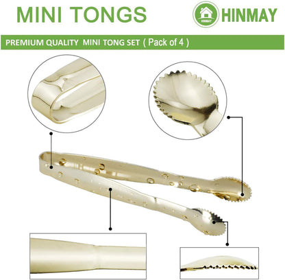 5.75" Mini Appetizer Tongs Set, Tiny Stainless Steel Small Tongs for Serving, Tea Party, Coffee Bar, Desserts, Set of 4 (Gold)