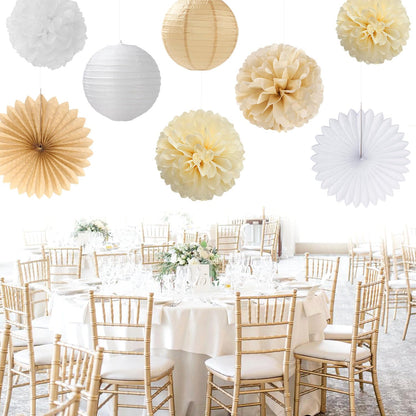 Champagne-Gold Beige Fall Baby-Shower Party-Decorations - 36pcs Welcome Home Banner Sign,Neutral Paper Lanterns,Girl Streamers Garland,Boho Hanging Tissue Pom Poms Flowers Fans Backdrop Decor Burgleda