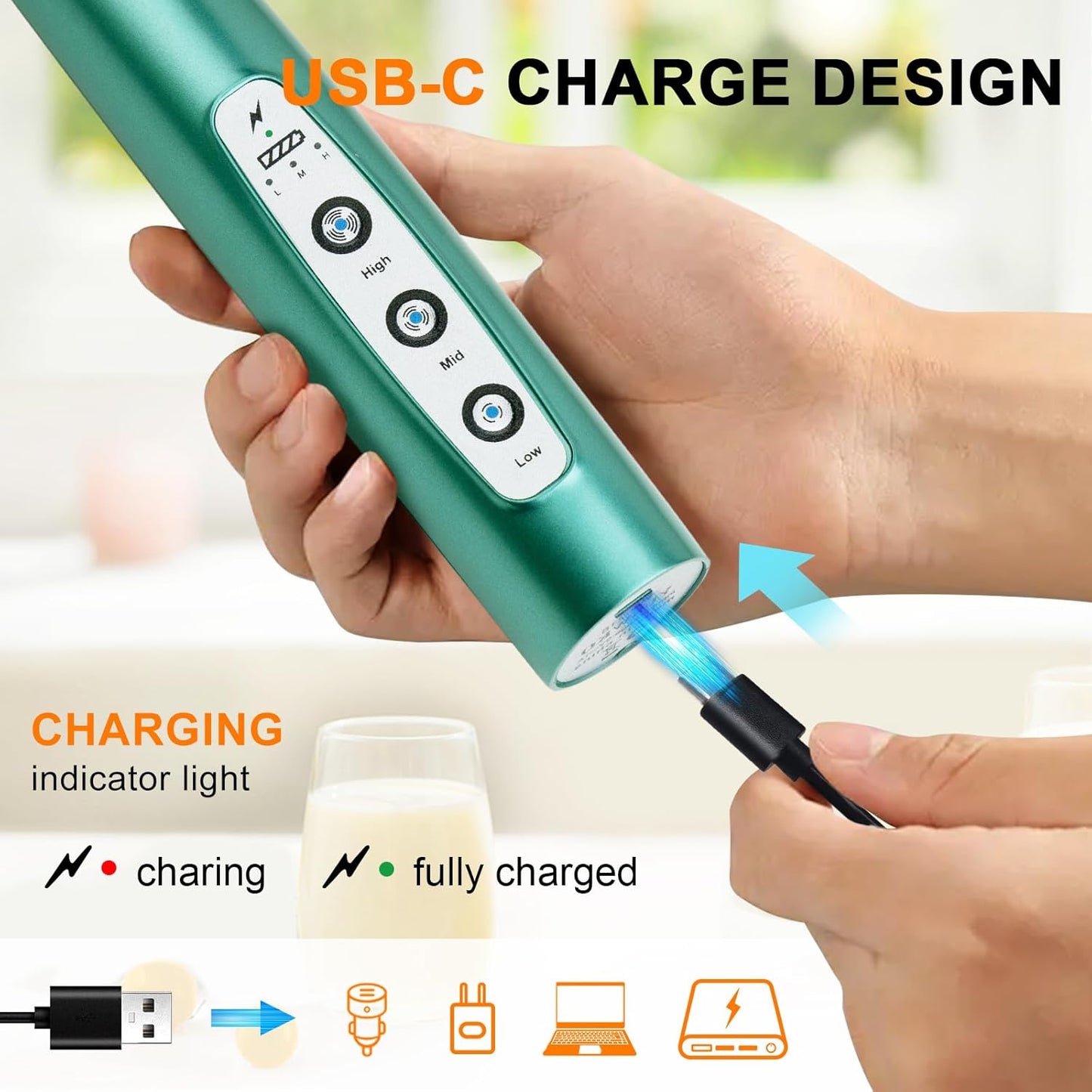 YUSWKO Black Handheld Milk Frother Wand for Coffee, Rechargeable Electric Whisk with 3 Heads 3 Speeds Drink Mixer Coffee Frother For Latte, Cappuccino, Hot Chocolate, Egg