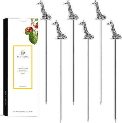 Homestia Stainless Steel Cocktail Picks, 4.7 Inch Reusable Martini Olive Picks, Metal Garnish Skewers for Drinks, Appetizers, Bloody Mary - Set of 6 Metal Cocktail Picks for Party Bar