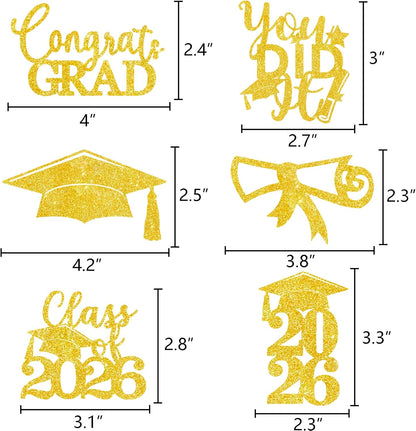Graduation Centerpiece Sticks 24PCS Glitter Grad Picks Party Table Decor Senior High School College Sign Gold