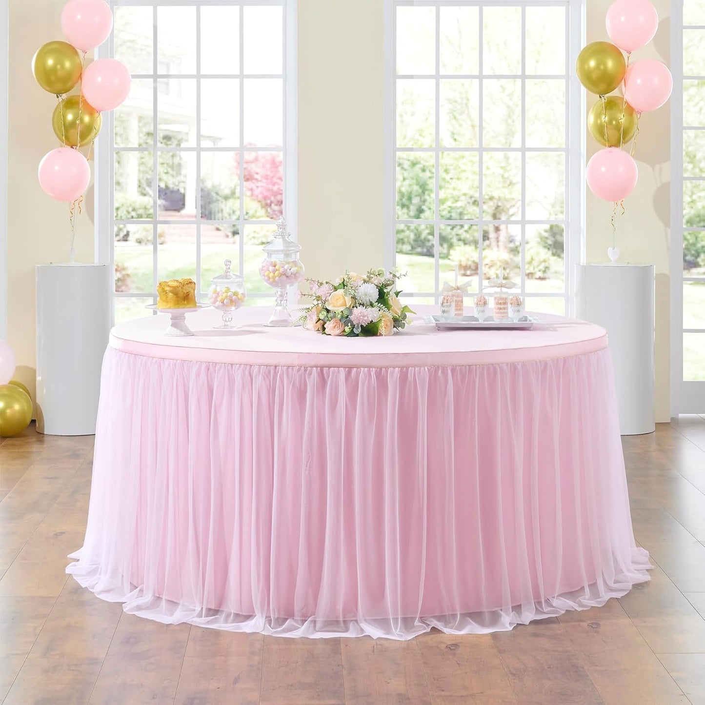 72inch Champagne Gold Tulle Table Skirts for Rectangle Round Tables, Gold Grim Ruffle Tulle Tutu Cloth Table Skirt 6ft for Wedding Birthday Party Cake Dessert Decor(No Top Cover)
