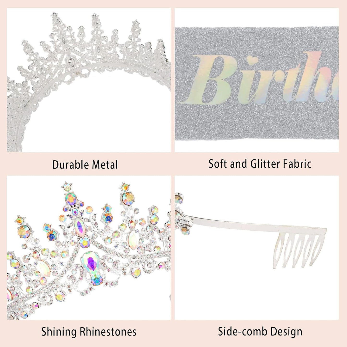 CURASA Birthday Tiara and Sash - Silver Birthday Crown for Women, Perfect for Parties and Celebrations