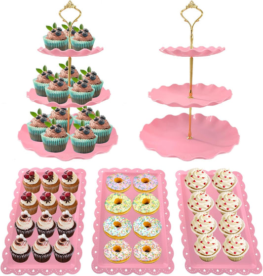 5 Pcs Dessert Table Display Set, White Plastic 2 Pcs Round 3 Tier Cupcake Stand Cup Cake Tower Stand with Metal Rod & 3 Pcs Serving Tray for Baby Shower, Tea Party, Wedding, Birthday Party