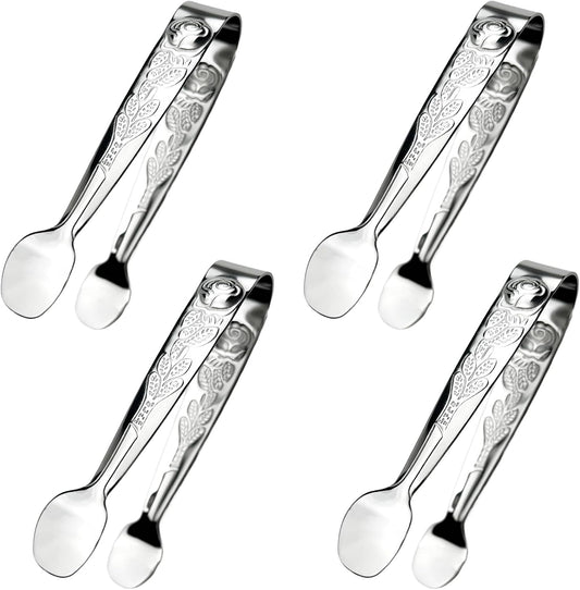 4PCS Rose Pattern Mini Serving Tongs – 4-Inch Stainless Steel Sugar and Ice Tongs for Tea Parties, Coffee Bars, Appetizers, and Kitchen Use (Silver)