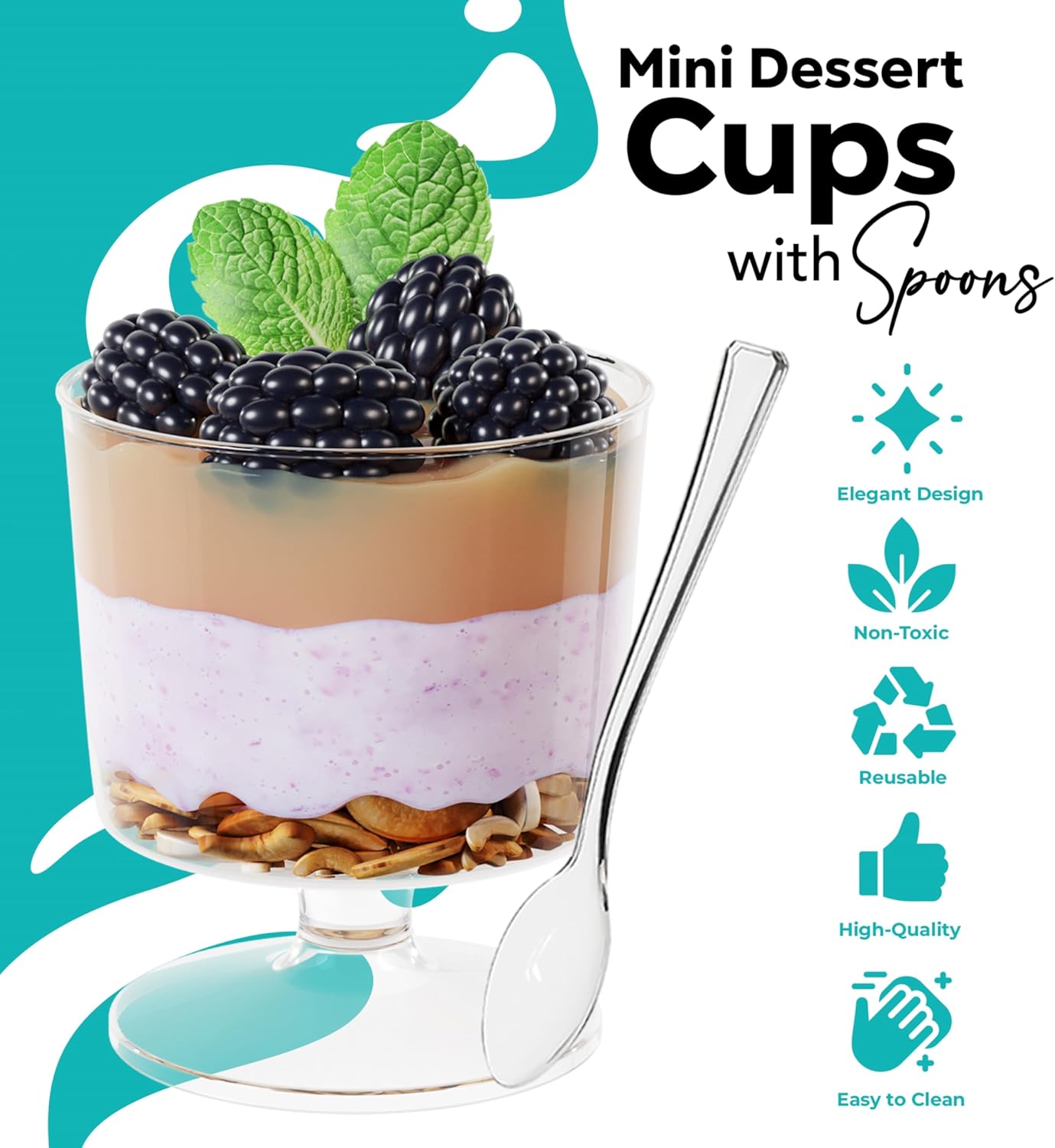 Exquisite Mini Dessert Cups With Spoons 200 Pcs - 2 Oz Square Clear Plastic Pudding Cups Disposable With Tasting Spoons 100 Sets | Mini Parfait Cup | Appetizer Cup For Party & Events