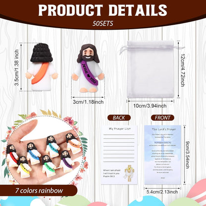 Bememo 150 Pcs Christian Gifts Bulk Bible Verse Cards Little Jesus Figures Prayer Cards Organza Bags for Easter Hunt Religious Party Favors Sunday Baptism, 50 Set(Classic Color,Open Hands)