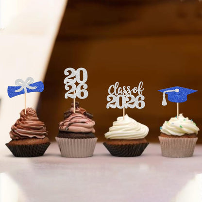 36 PCS 2026 Graduation Theme Cupcake Toppers Glitter Class of 2026 Grad Cap Diploma Cupcake Picks 2026 Graduation Theme Party Cake Decorations Supplies Deep Blue
