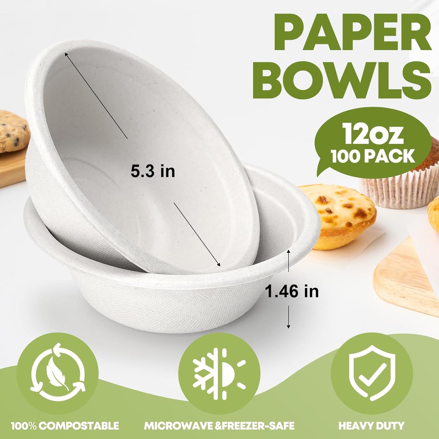 W&Y 12 oz Paper Bowls, 100-Count Disposable Compostable Bowls, Microwave Safe & Heavy Duty, Biodegradable Sugarcane Fiber Bowl for Hot Soup, Salad, Snacks, and Party Use