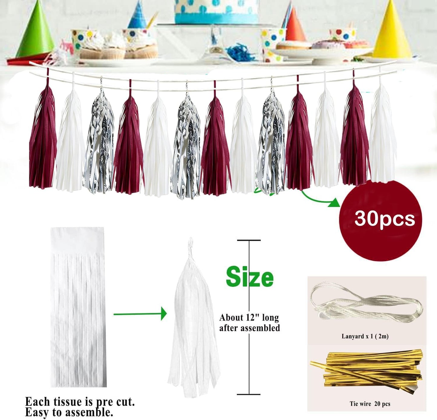Graduation Decorations Maroon White 2026/Maroon Graduation Party Decorations Silver Tissue Paper Tassel Garlands, Burgundy White Party Garlands for Wedding, Burgundy Silver Birthday Decor
