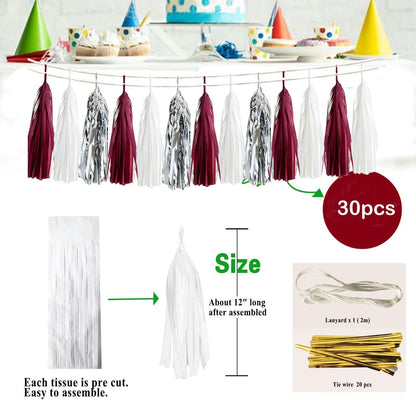 Graduation Decorations Maroon White 2026/Maroon Graduation Party Decorations Silver Tissue Paper Tassel Garlands, Burgundy White Party Garlands for Wedding, Burgundy Silver Birthday Decor