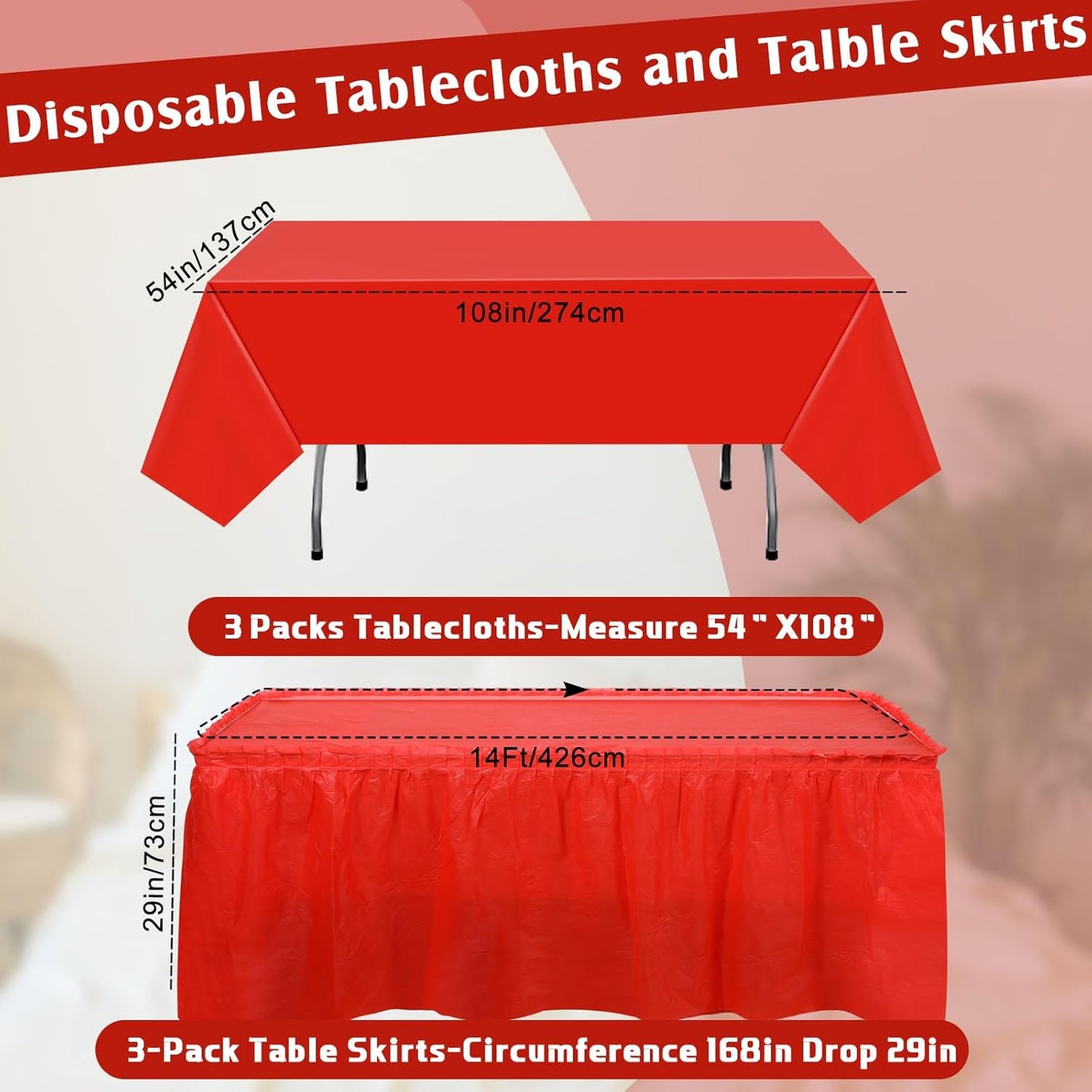 Oudain 6 Pcs Plastic Table Skirts and Stainproof Table Cloths 54 x 108 in Plastic Ruffle Tablecloth 168 x 29 Inches Disposable for Wedding Baby Shower Valentine Spring Easter Party(White)