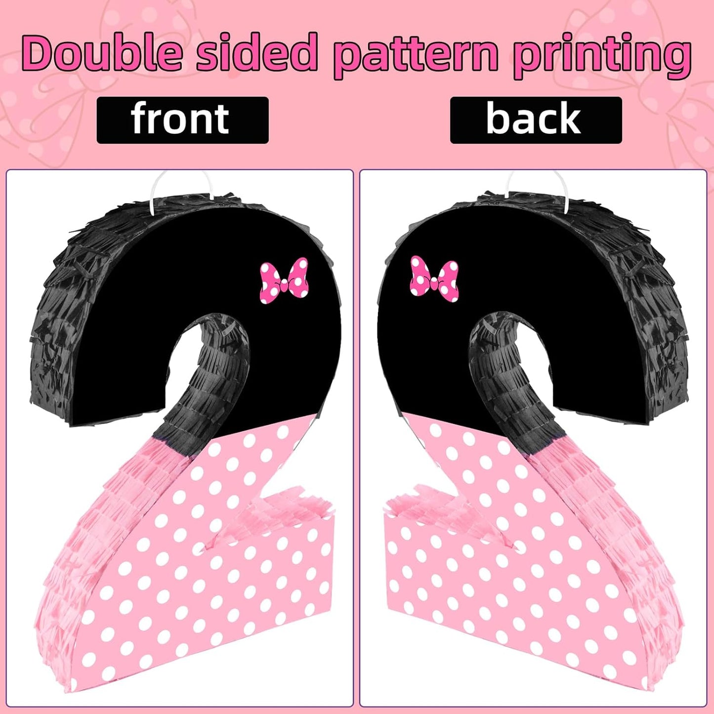 15.7 x 11.5 x 3 Inch Pink Bow Number 2 Pinata,Pink Bow Birthday Decorations, Fillable Hanging Piñata with Stick Blindfold Confetti for Girls Boys 2nd Anniversary Party Decorations