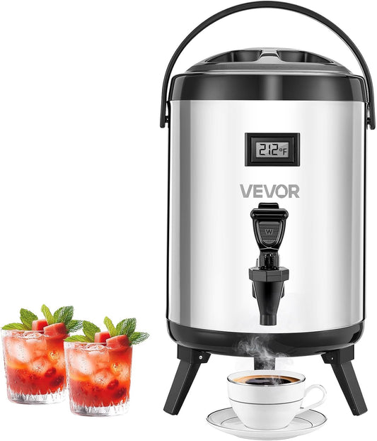 VEVOR Insulated Beverage Dispenser, 3.2 Gal/12L Stainless Steel Thermal Drink Server with Spigot & Temp Display, Suitable for Hot and Cold Drinks, for Tea Coffee Water in Cafes & Restaurants, Silver