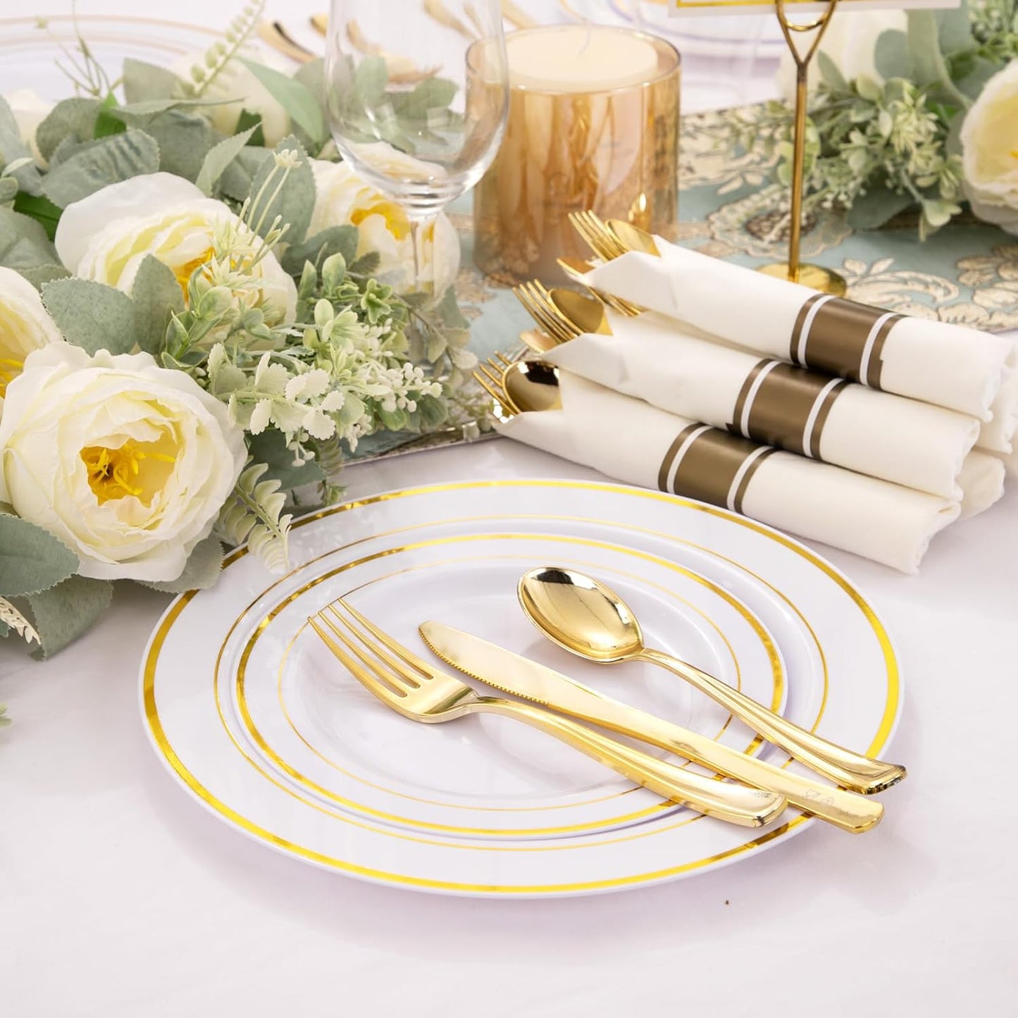 WELLIFE 350-Piece Gold Disposable Plates and Cutlery Set - Premium 10.25" Dinner Plates, 7.5" Dessert Plates, 9oz Cups & Cutlery for Weddings, Catering Events - 50 Guest Service - Elegant & Sturdy