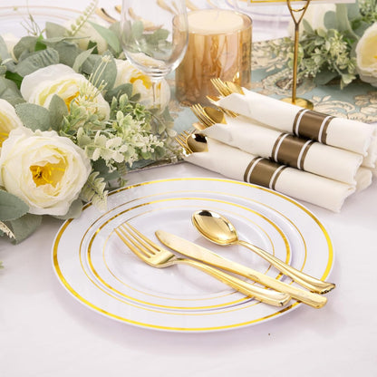 WELLIFE 350-Piece Gold Disposable Plates and Cutlery Set - Premium 10.25" Dinner Plates, 7.5" Dessert Plates, 9oz Cups & Cutlery for Weddings, Catering Events - 50 Guest Service - Elegant & Sturdy
