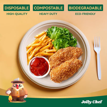 JOLLY CHEF Compostable Heavy Duty Plates 𝟭𝟬 𝗜𝗻𝗰𝗵 [𝟯𝟬𝟬 𝗣𝗮𝗰𝗸] Eco-Friendly Disposable Paper Plates Made of Bagasse Biodegradable Bulk for Party Dinner Sugarcane Thanksgiving Day (Natural)