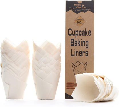Bake Choice 200pcs Natural Tulip Cupcake Liners for Baking Cups Unbleached European Parchment paper Tulip Muffin Liners, Cupcake Wrapper for Party, Christmas