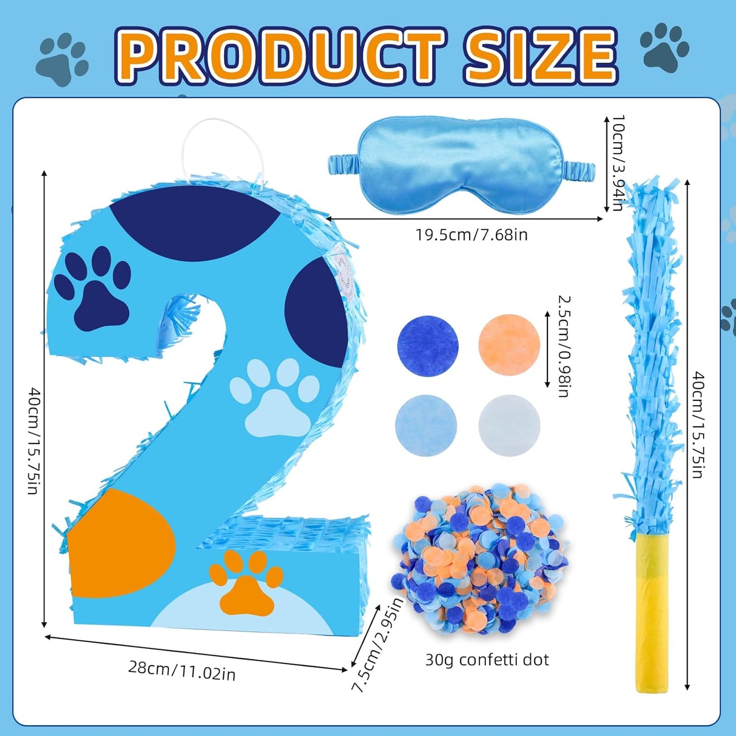 16 Inch Number 2 Dog Paw Pinata with 16 Inch Piñata Stick Blindfold Confetti for Boy Girl Kids 2nd Birthday Party Decorations (2nd)