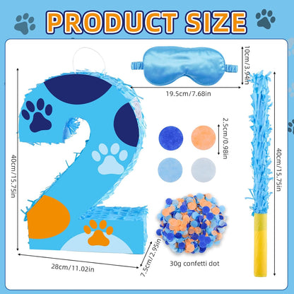 16 Inch Number 2 Dog Paw Pinata with 16 Inch Piñata Stick Blindfold Confetti for Boy Girl Kids 2nd Birthday Party Decorations (2nd)
