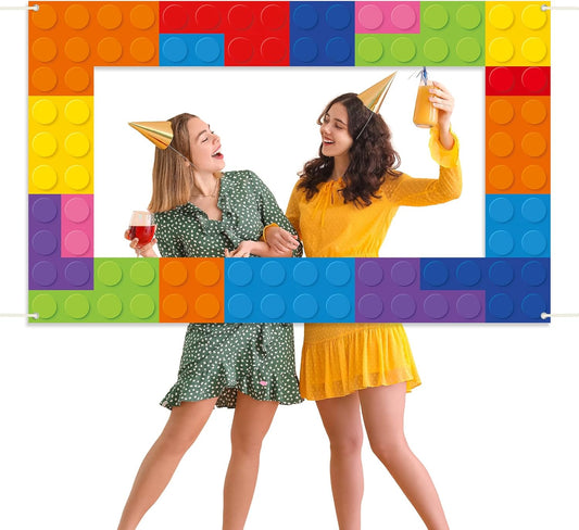 Building Block Photo Prop Selfie Frame Building Blocks Theme Birthday Party Decorations Colorful Blocks Backdrop Banner Colored Bricks Photo Booth Frame for Birthday Shower Supplies