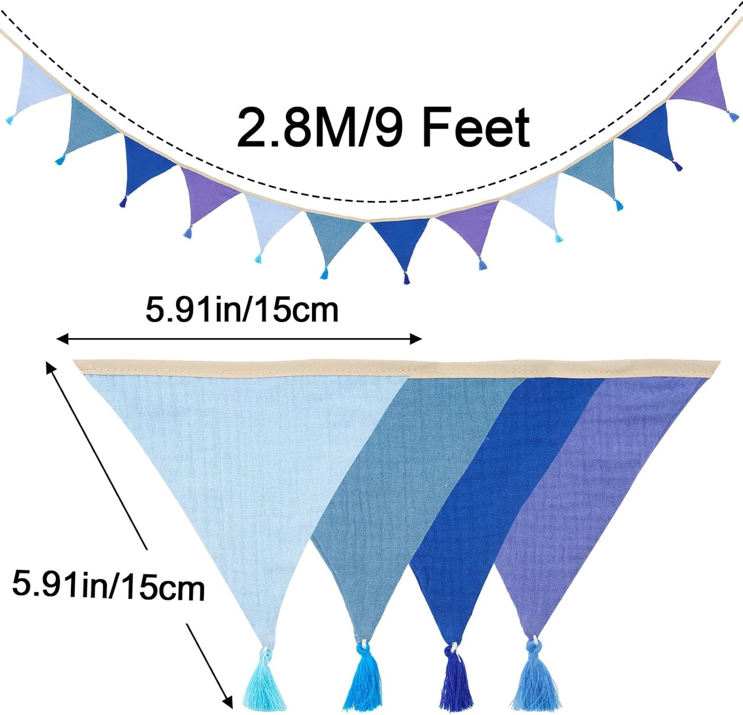G2PLUS Cotton Fabric Bunting Banner, 9Ft Green Triangle Pennant Banner Flag, 12pcs Double-Sided Bunting Garland with Tassels for Birthday, Nursery, Baby Shower, Classroom Hanging Decor