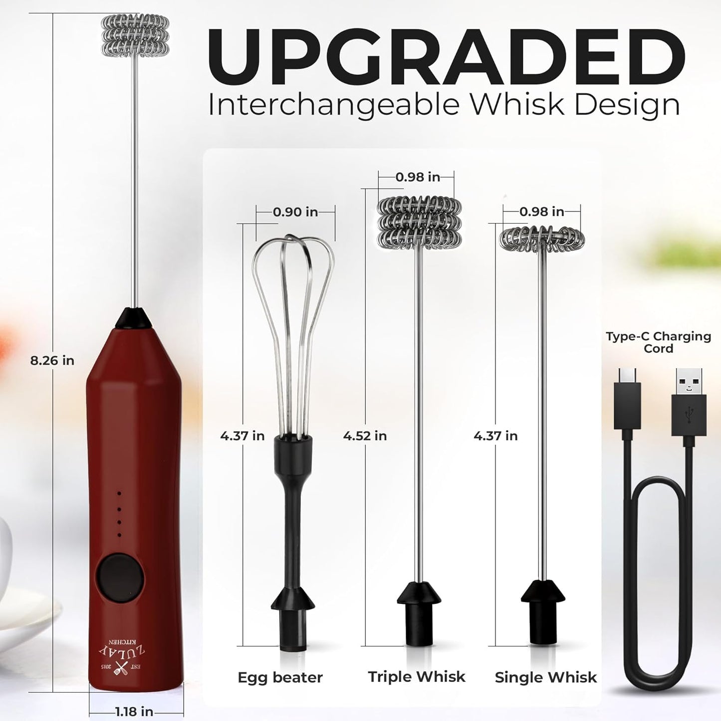 Zulay Kitchen Powerful Milk Frother Wand With Duracell Batteries - Ultra Fast Handheld Drink Mixer - Electric Whisk Foam Maker for Coffee, Lattes, Cappuccino & Matcha - Z1 Motor - Black - Colors A
