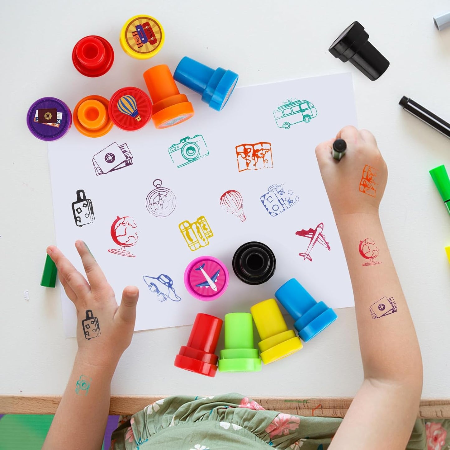 24 PCS Camp Party Favors Camping Adventure Mini Stamps Colorful Self Inking Stamps Camping Themed Party Favors for Boys Girls Student School Classroom Rewards Carnival Prizes Supplies