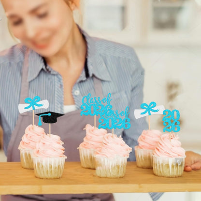 36 PCS 2026 Graduation Theme Cupcake Toppers Glitter Class of 2026 Grad Cap Diploma Cupcake Picks 2026 Graduation Theme Party Cake Decorations Supplies Deep Blue