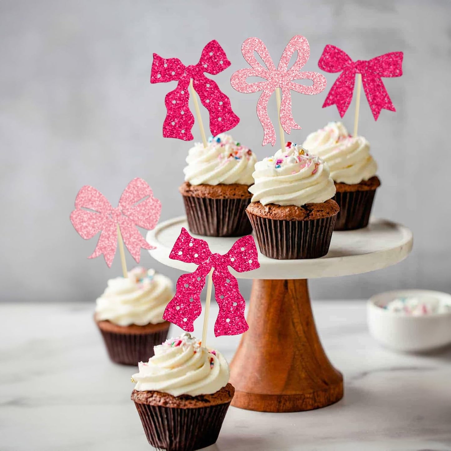 Ephlyn 24Pcs Pink Bow Cupcake Toppers Bow Birthday Cake Topper Girls Birthday Party Decorations Bowknot Cupcake Decorations for Bridal Wedding Themed Party Multi