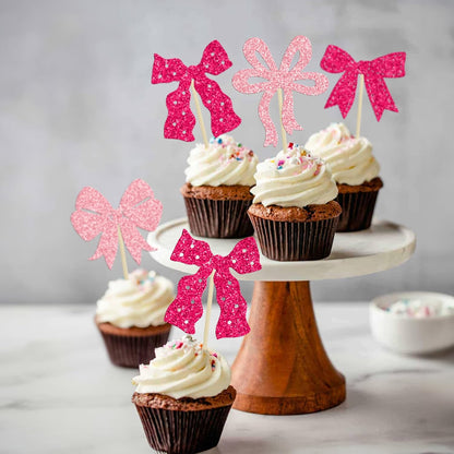 Ephlyn 24Pcs Pink Bow Cupcake Toppers Bow Birthday Cake Topper Girls Birthday Party Decorations Bowknot Cupcake Decorations for Bridal Wedding Themed Party Multi