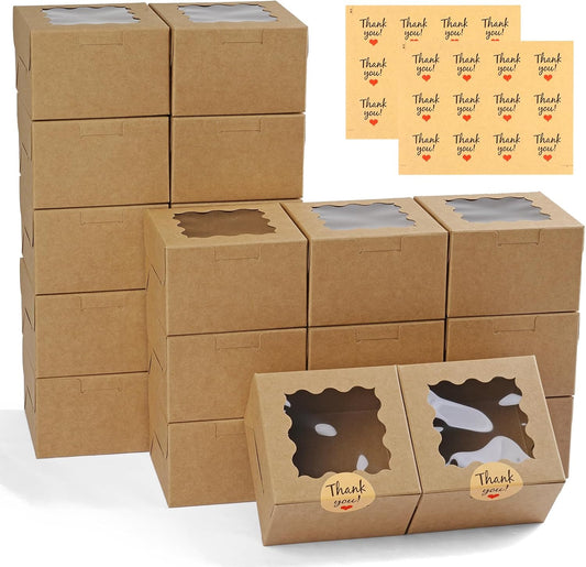 WINKIO 24pcs White Cookie Boxes, 4x4x2.5 Inches Bakery Boxes with Window, for Mini Cake Treat Dessert Pastry Donuts Macaroon Strawberries Chocolate Candy (with Stickers)