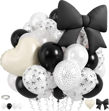 Black White Bow Balloons, 50 Pcs Pearl White Dot Printed Balloons with Black Bow and Cream Heart foil Balloon for Alternative Birthday Party Baby Shower Wedding Bachelorette Party Decorations