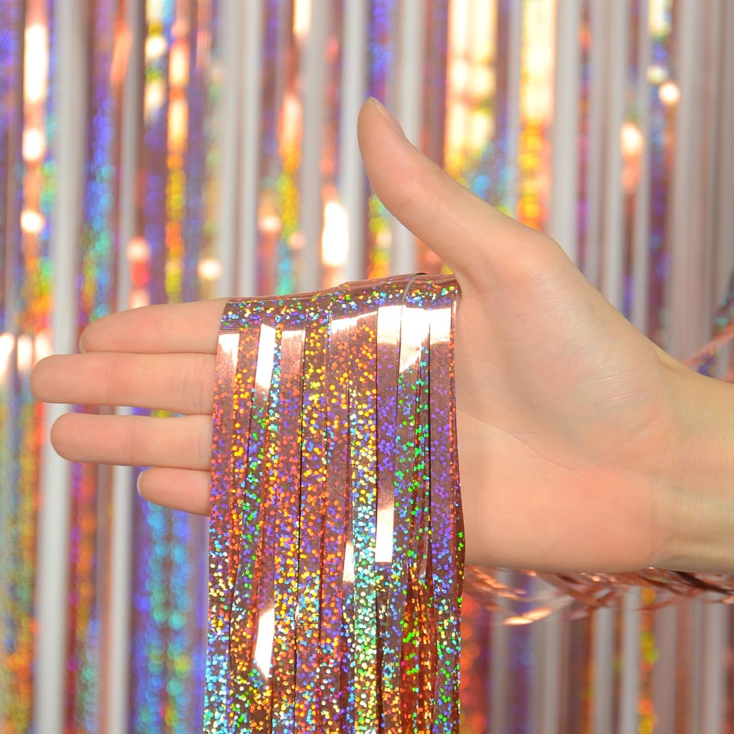 Melsan 2 Pack 3.2 ft x 8.2 ft Tinsel Foil Fringe Curtains Backdrop, Sparkle Metallic Foil Curtains for Party Photo Booth Props Decoration, Pinkish Purple