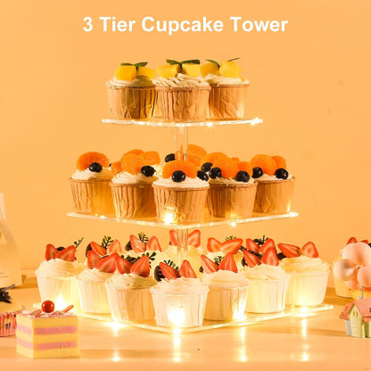 HENABLE 3 Tier Cupcake Stand Cupcake Holder, Acrylic Cupcake Tower with LED Yellow Light for 24 Cupcakes, Dessert Table Display Set for Birthday, Bar, Decor Weddings, Parties Events