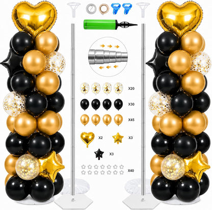 2 Sets 7FT Balloon Column Stand Kit with 103PCS Balloons – Adjustable Metal Balloon Tower with Weighted Base & Water Bags (Avocado Green & Gold)